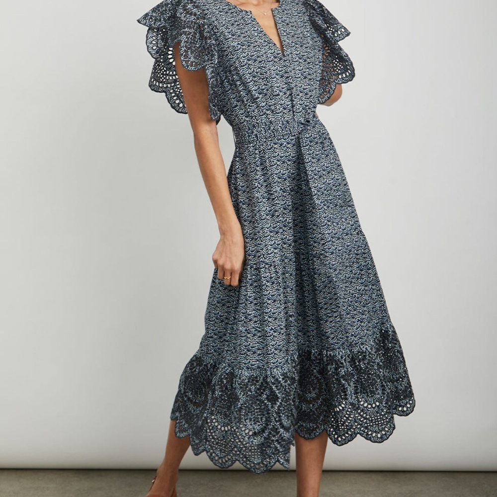 Rails Blue Gray Flutter Sleeve Wrap Midi Dress